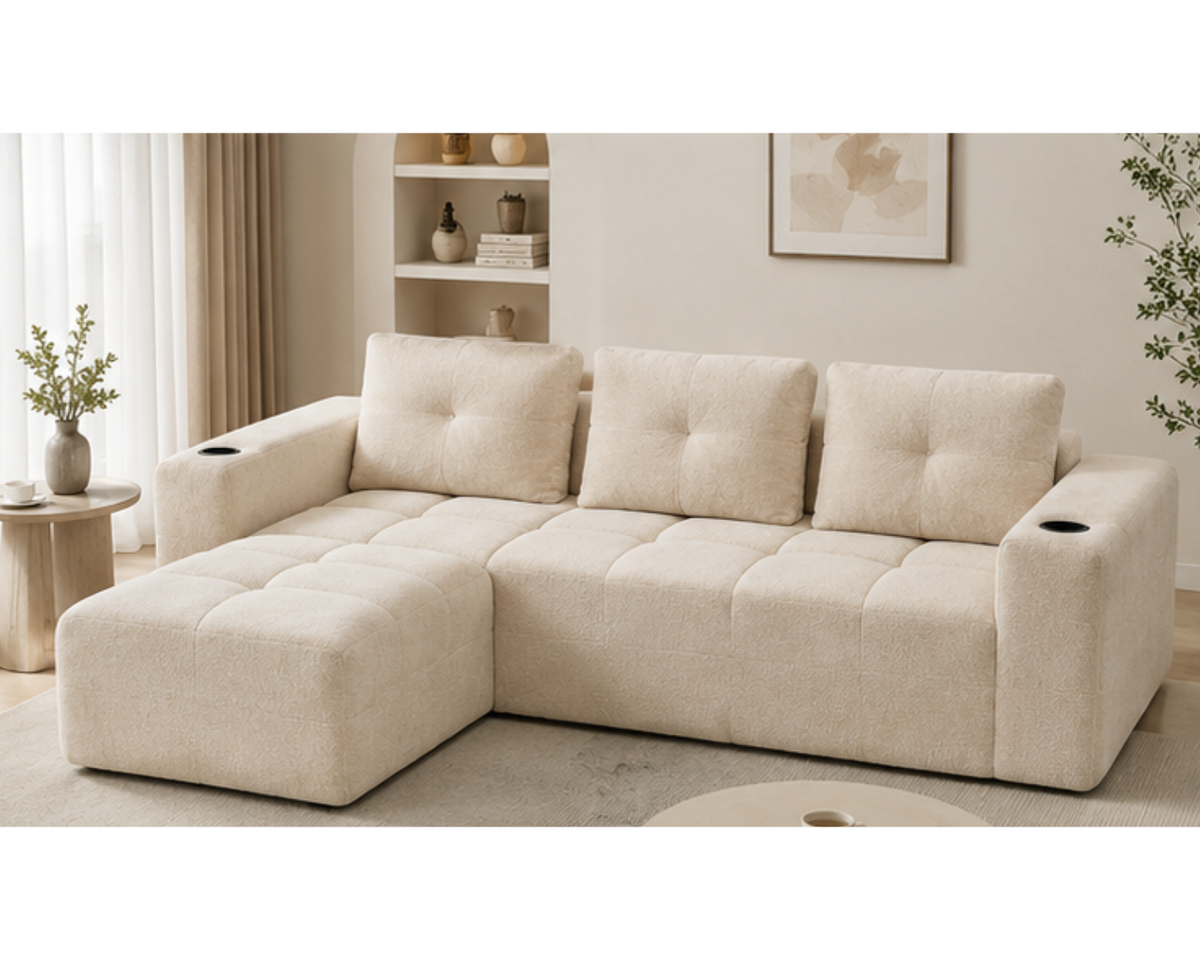 Canapé d’angle en chenille avec assise et porte-gobelets | CHIO