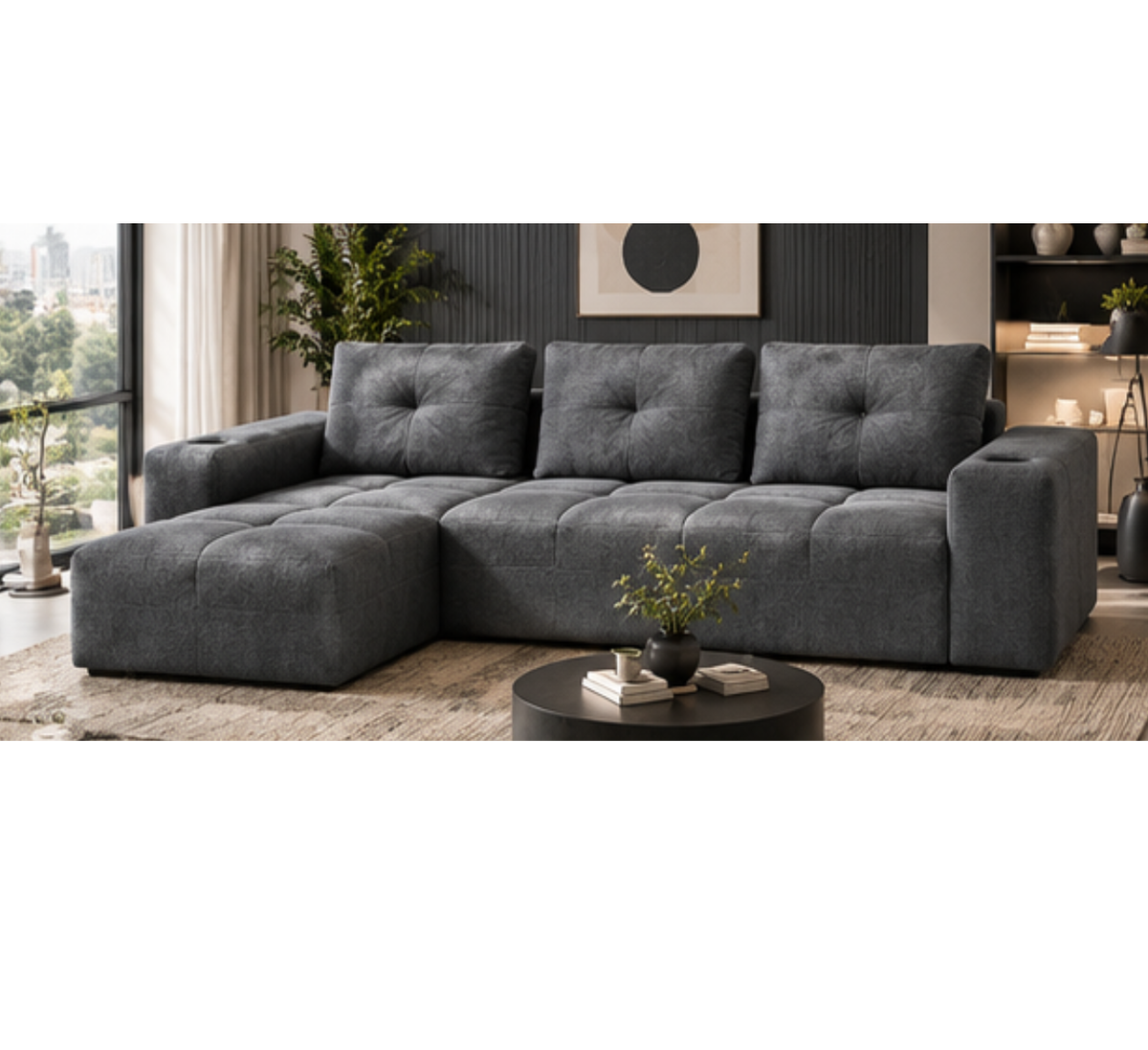 Canapé d’angle en chenille avec assise et porte-gobelets | CHIO